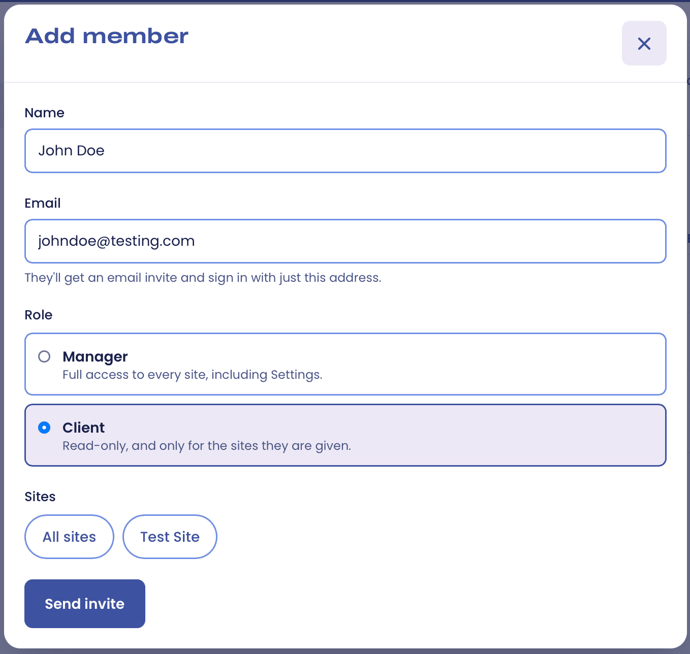 The Add member dialog with name and email fields, a choice between the Manager and Client roles, and site selection.
