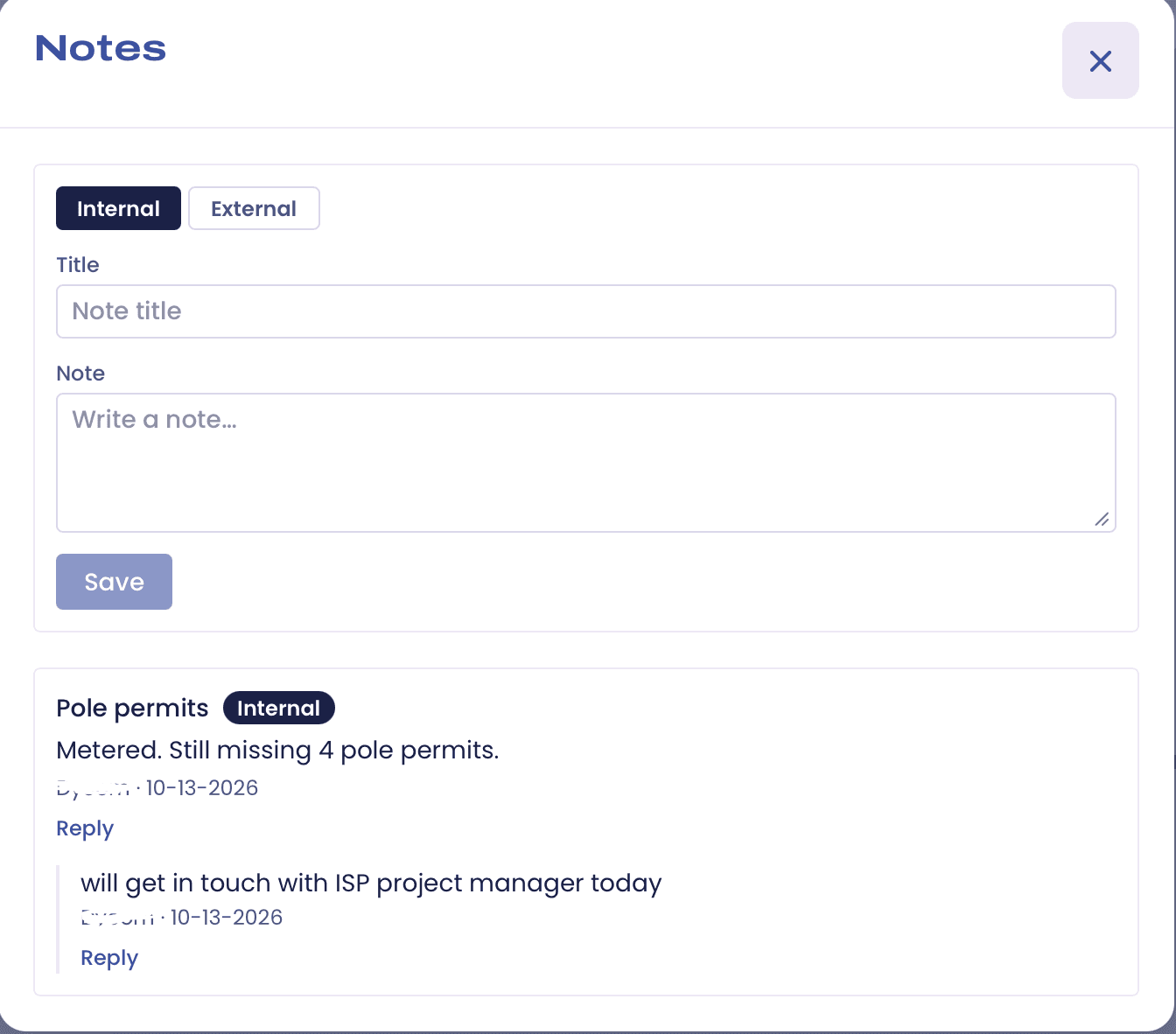 The Notes dialog with Internal and External tabs, title and note fields, and an internal note about missing pole permits with a reply.