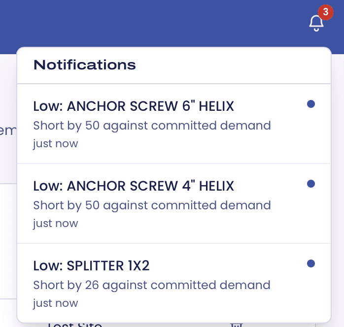 The notifications menu listing three low-material alerts, each short against committed demand.