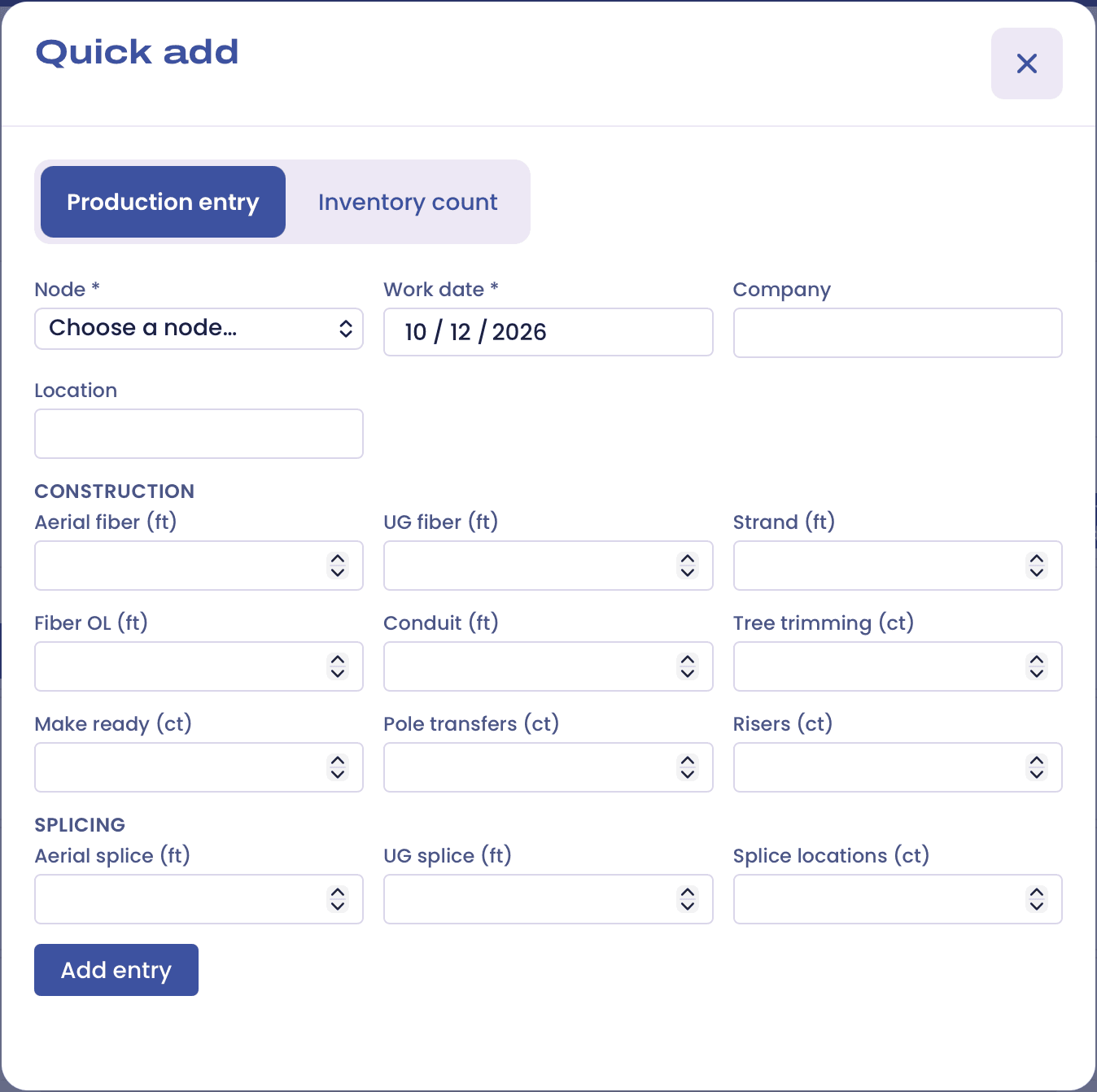 The Quick add dialog on its Production entry tab, with fields for node, work date, company, location, and construction and splicing quantities.